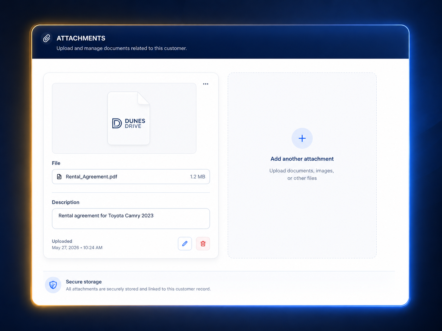 Dunes Drive customer attachments screen for identity, license, and rental documents