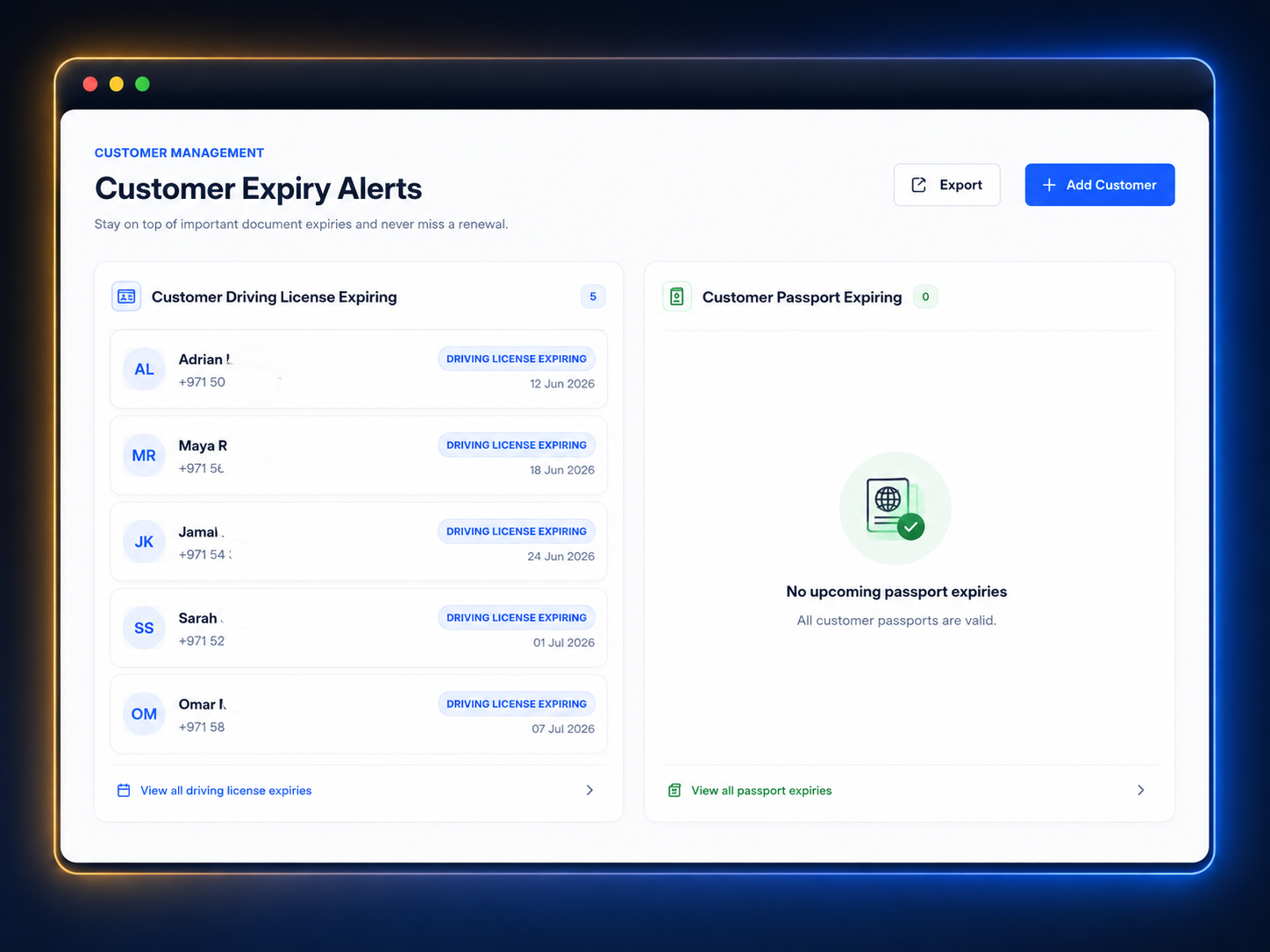 Dunes Drive customer expiry alerts for driving licenses, passports, and identity documents