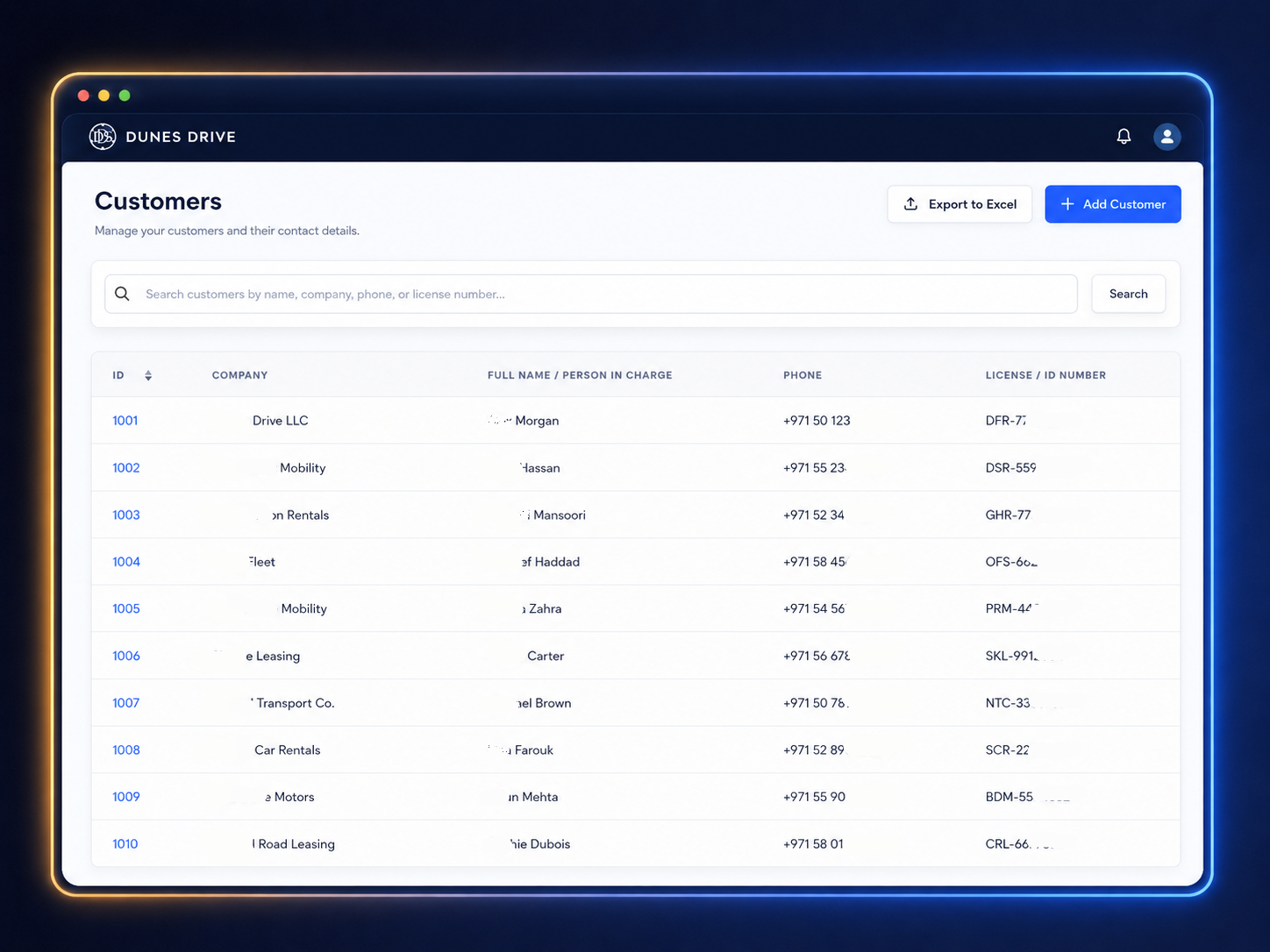 Dunes Drive customer management dashboard with company names, contact details, and license or ID numbers