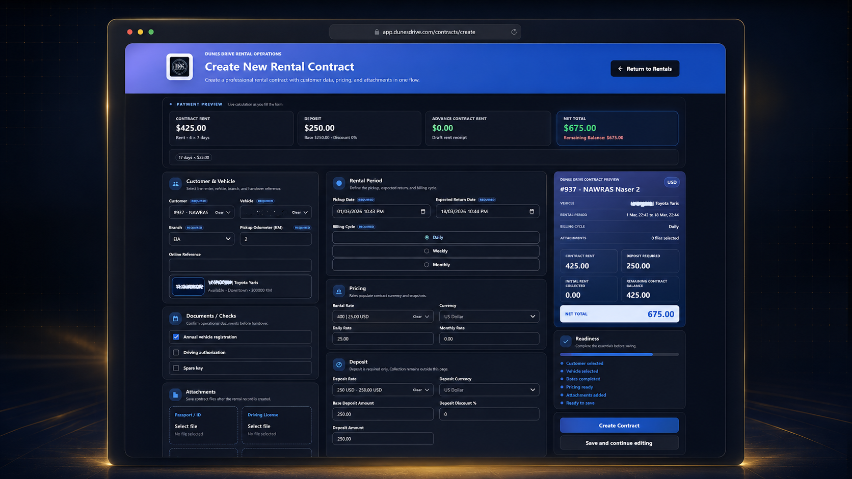 Dunes Drive new rental contract screen with customer, vehicle, dates, pricing, deposit, and balance fields