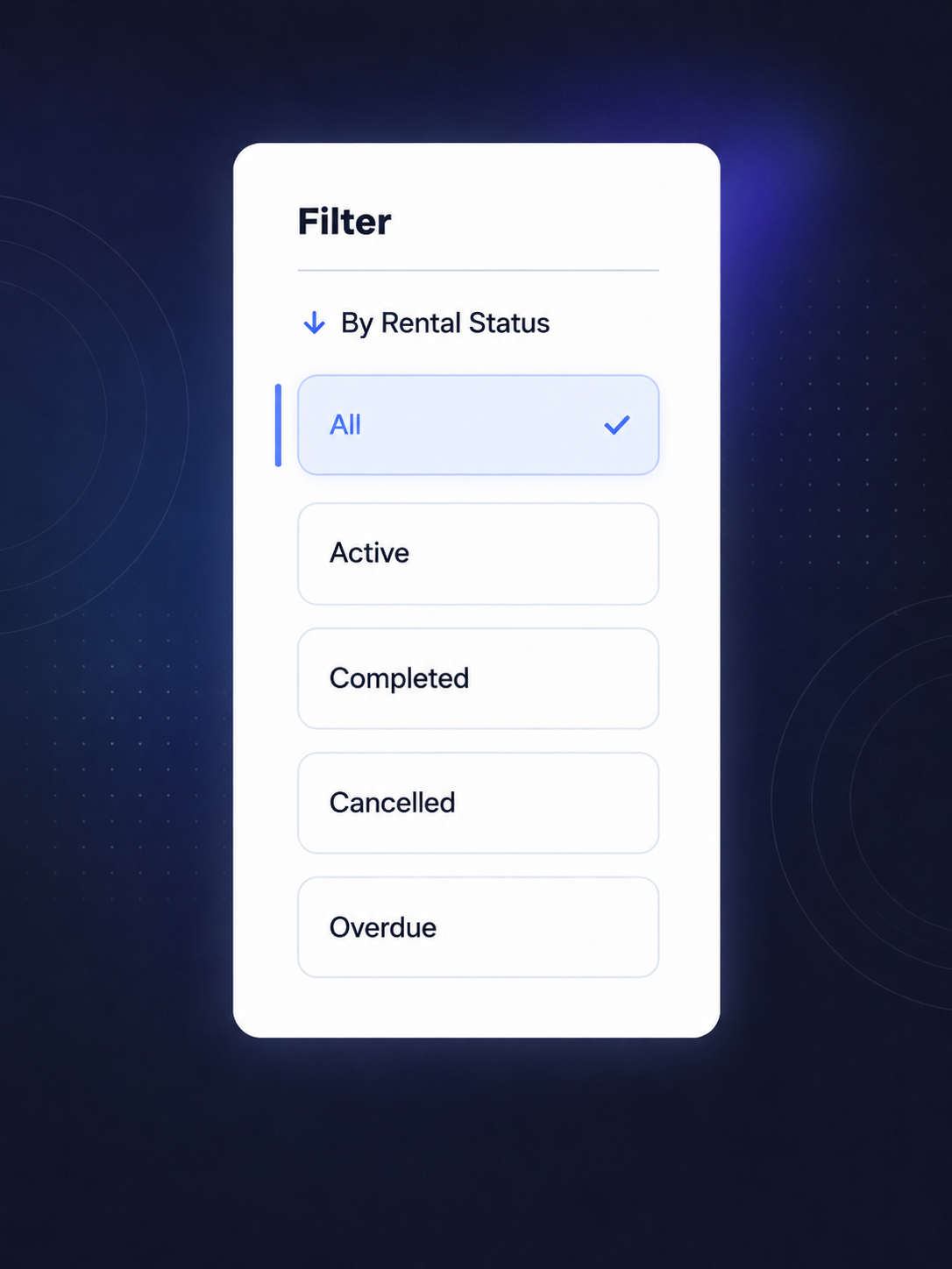 Dunes Drive rental status filter for active, completed, cancelled, and overdue contracts