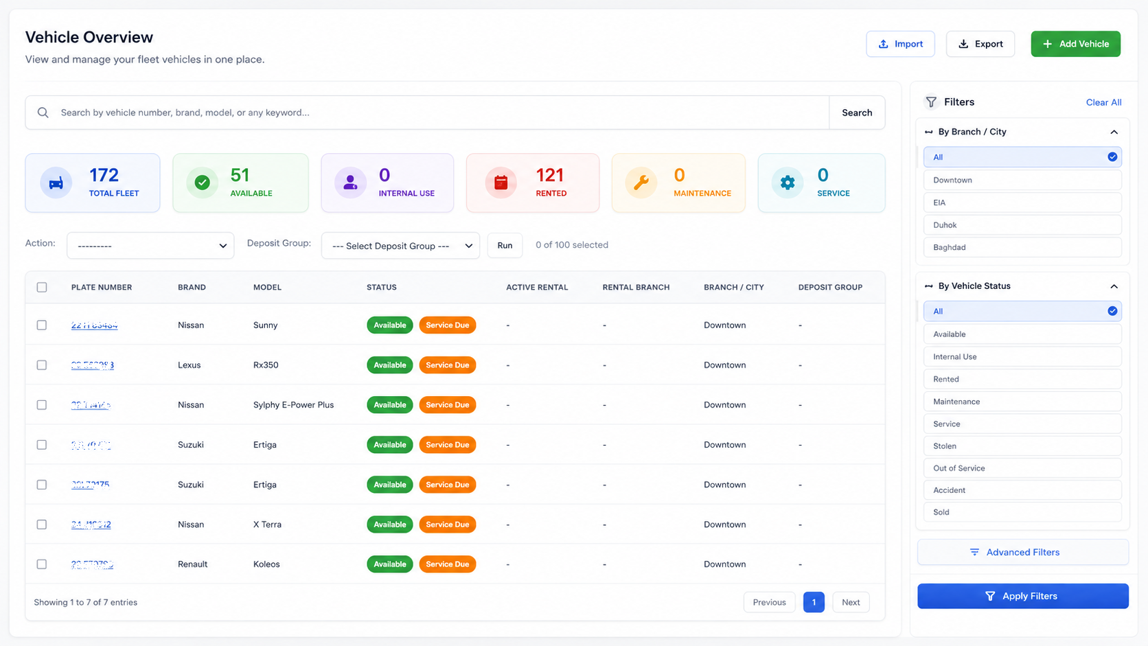 Dunes Drive fleet management dashboard with available, rented, maintenance, and service vehicle status filters