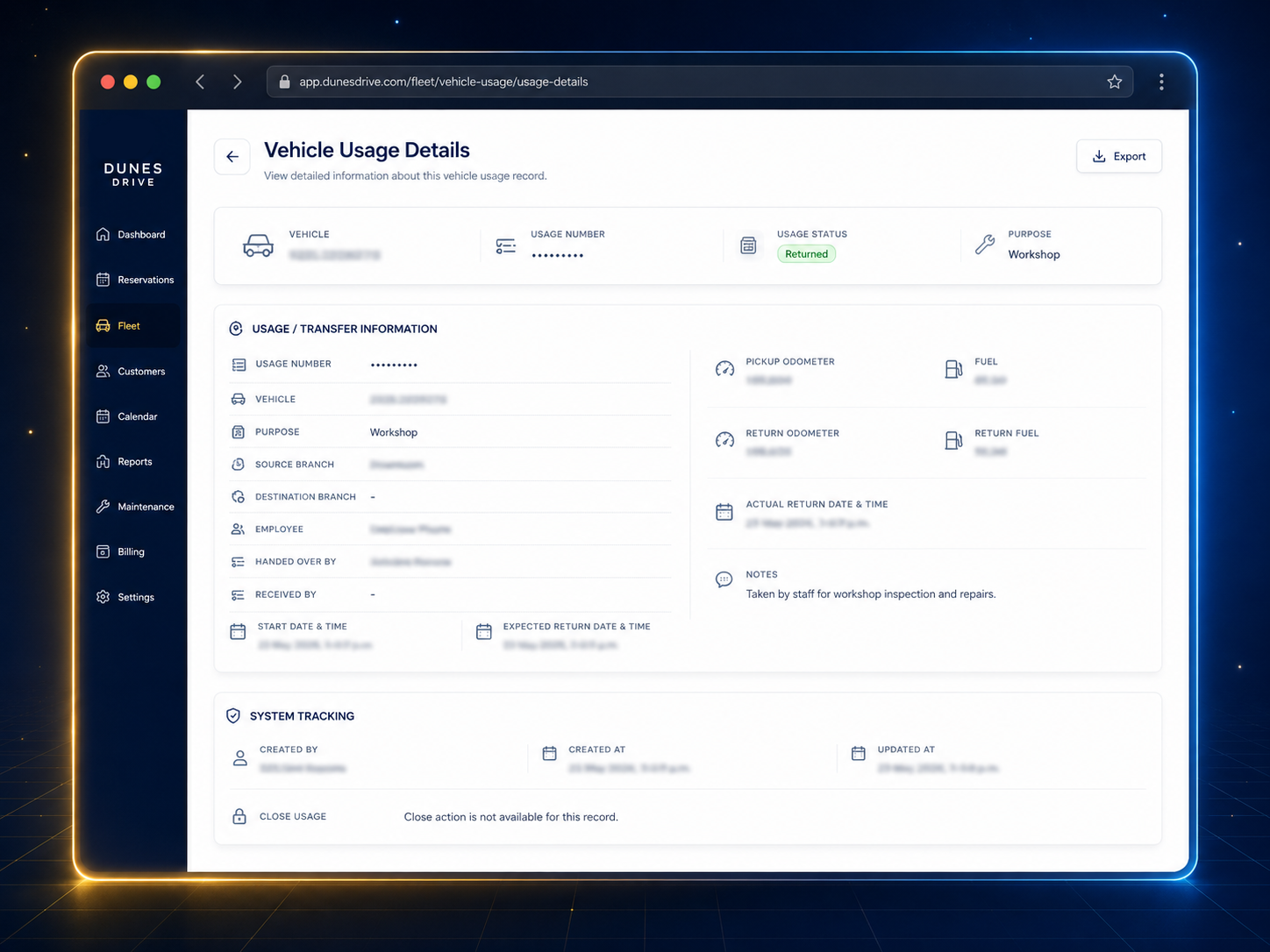 Dunes Drive vehicle usage tracking with branches, employee, odometer, fuel, and return status