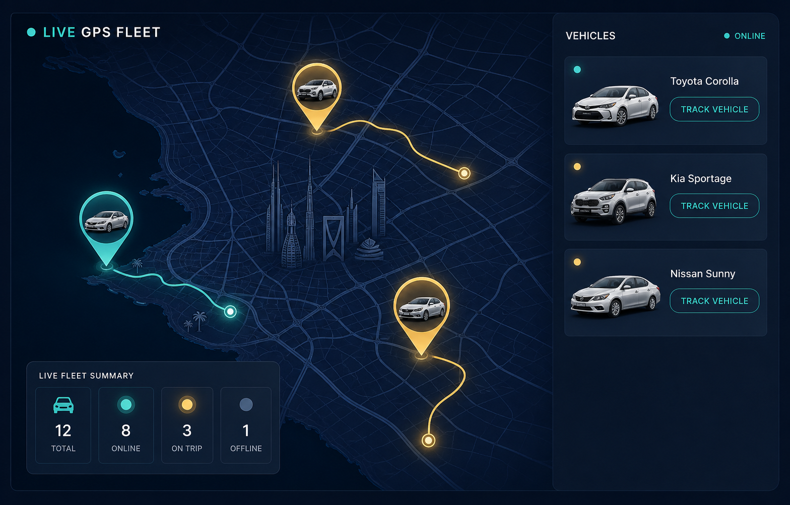 Fictional Dunes Drive GPS fleet map showing connected rental vehicles and live locations