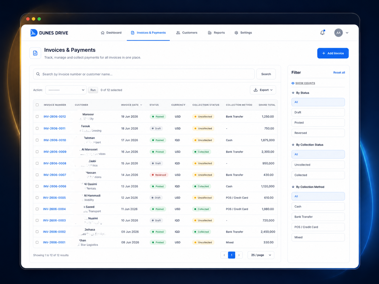 Dunes Drive invoice collection details with payment method, status, currency, totals, and print action