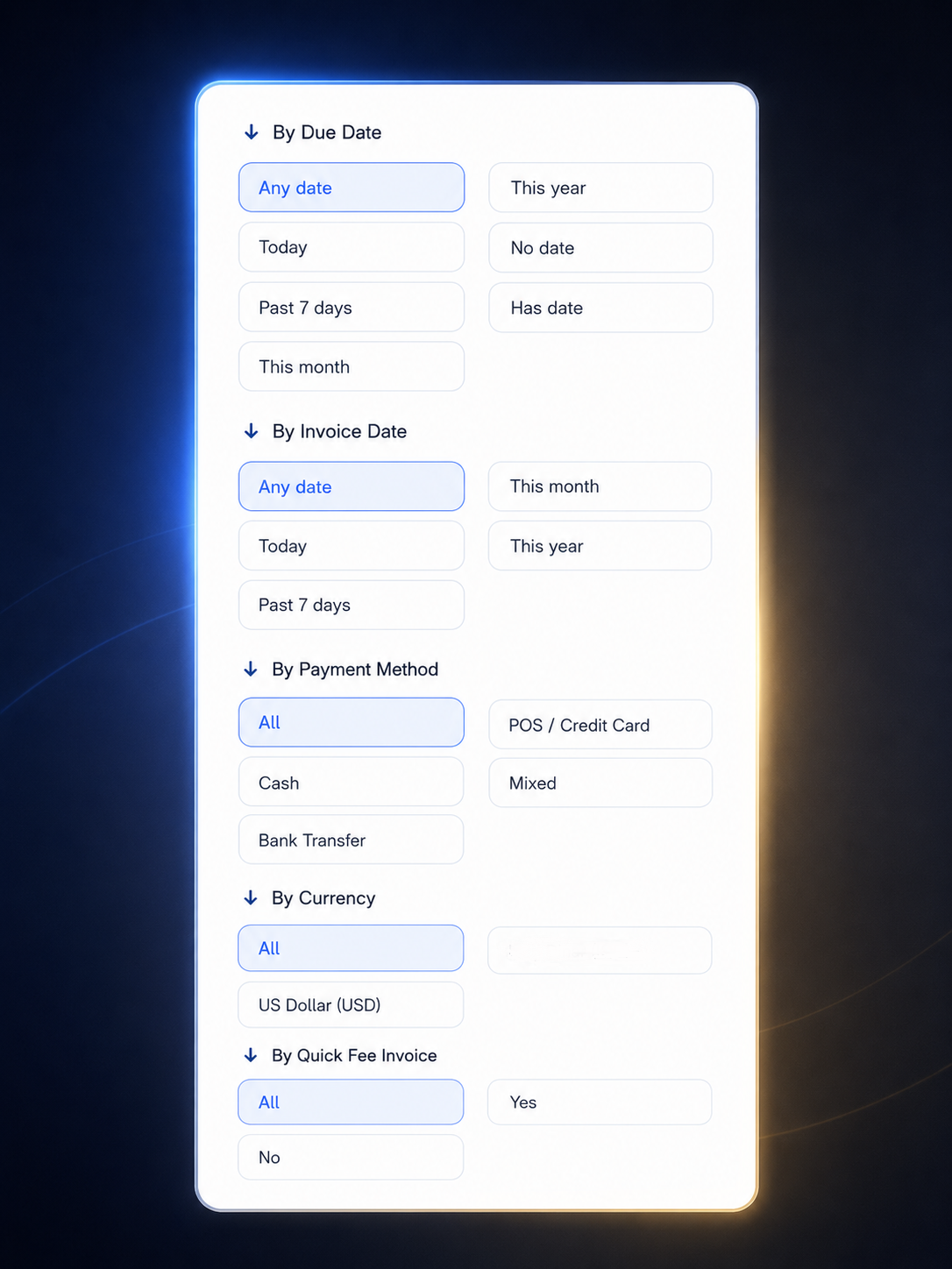 Dunes Drive invoice filters for date, payment method, and currency