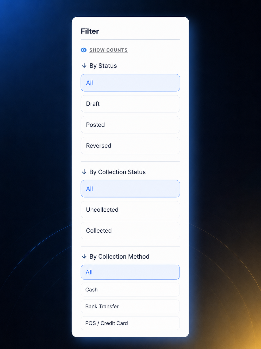Dunes Drive invoice status and collection filters for rental billing records