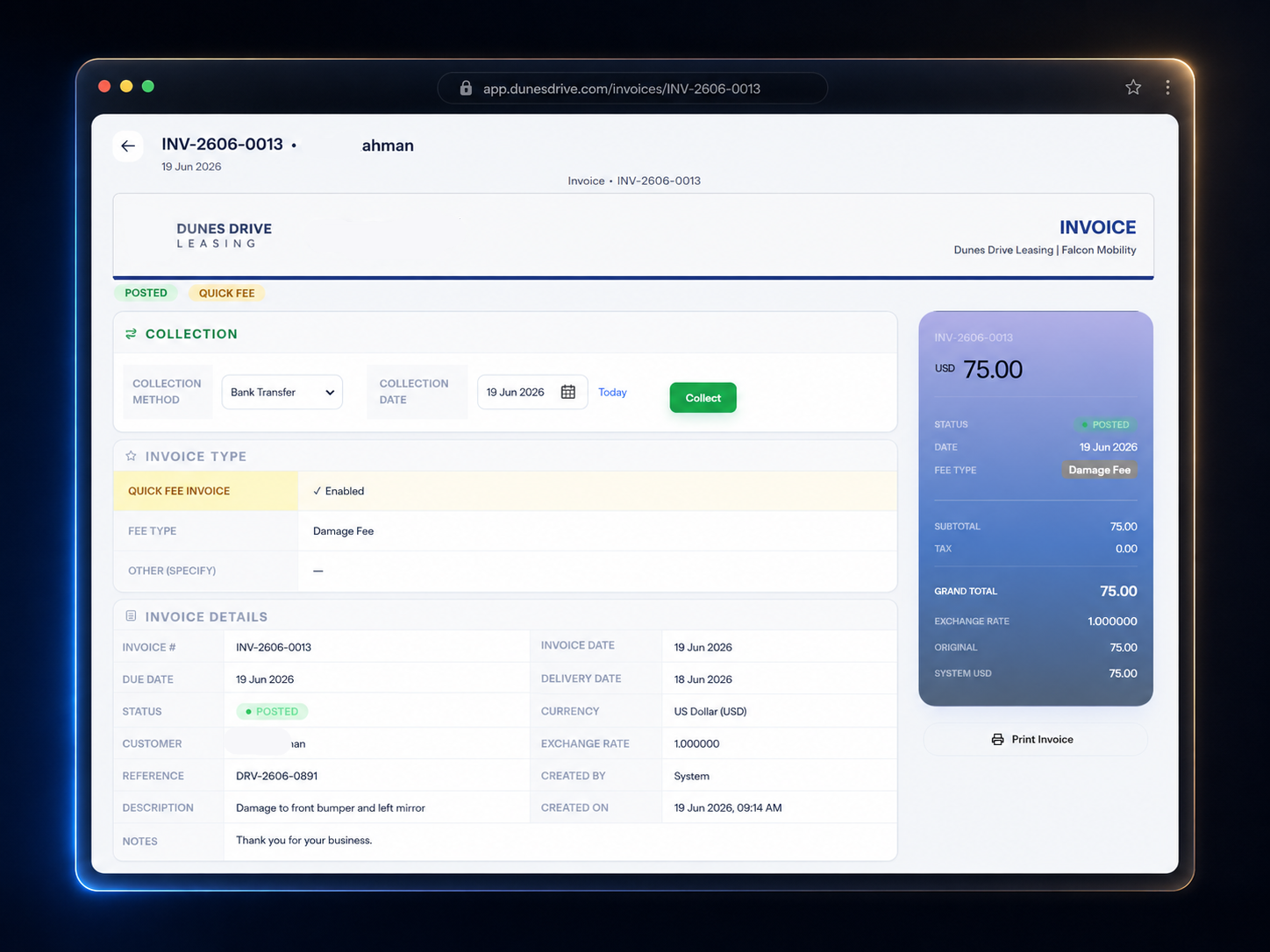 Dunes Drive invoice collection screen with payment method, invoice status, currency, totals, and print action
