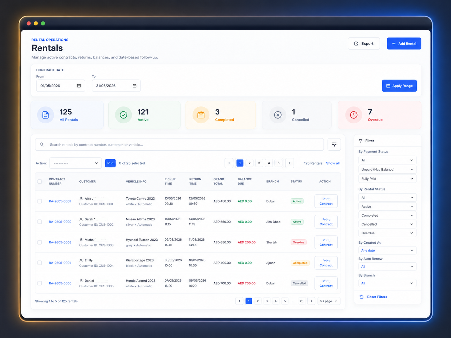 Dunes Drive rental contracts dashboard showing active, completed, cancelled, and overdue rentals with payment and branch filters